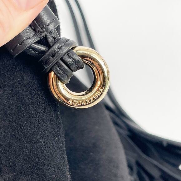 Aquazzura Black Suede Gytane Mini Fringe Trim Drawstring Hobo Crossbody Bag - Picture 8 of 10